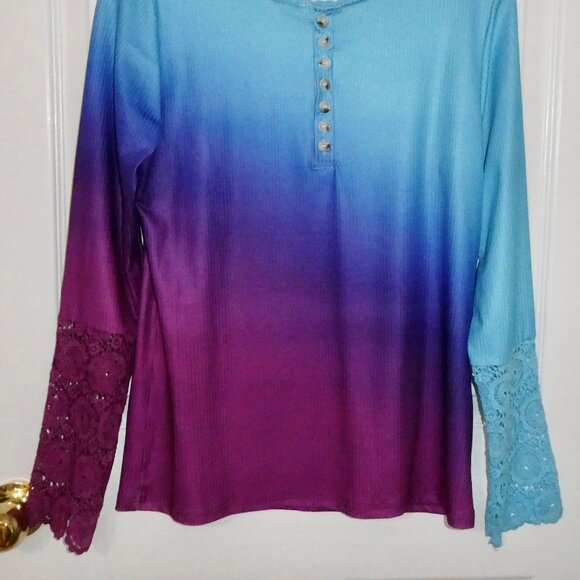 BRAND NEW TEMU OR SHEIN OMBRE BLUE PURPLE LONG SLEEVE SHIRT WITH LACE WOMENS M - Picture 2 of 2